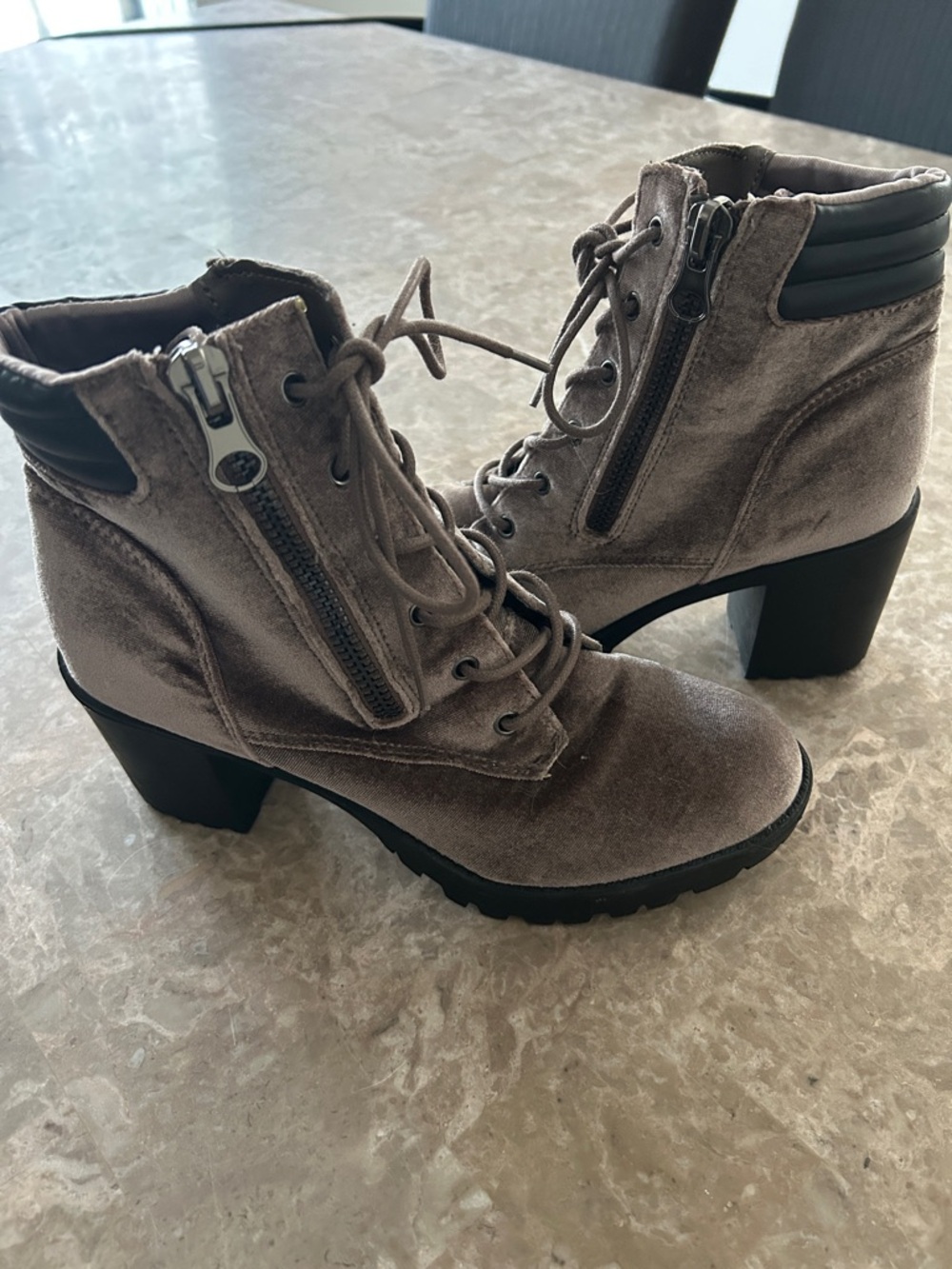 Women's Velvet Lace-Up Ankle Boots with Side Zipper - Taupe